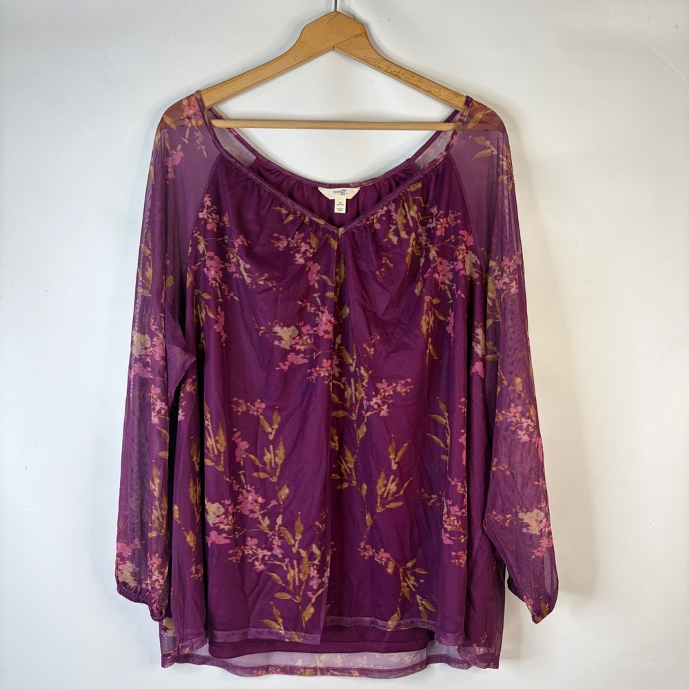 Terra & Sky Blouse Women 3X Purple Floral Mesh Overlay V-Neck Long Sleeve